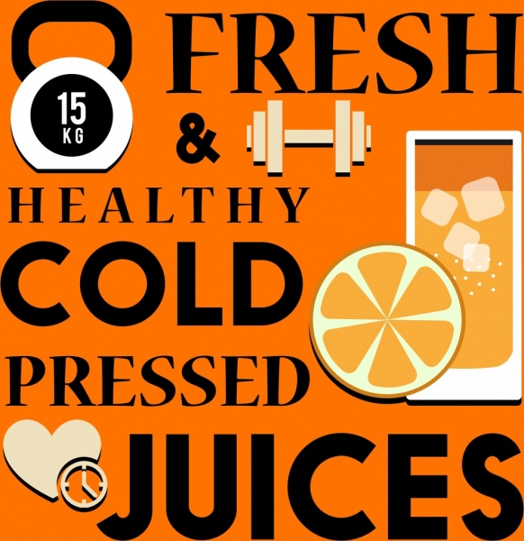 ícones de textos do estilo de vida saudável bandeira suco de laranja do dumbbell