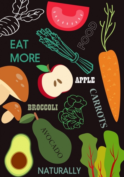 decoração de estilo de vida saudável bandeira legumes frutas ícones