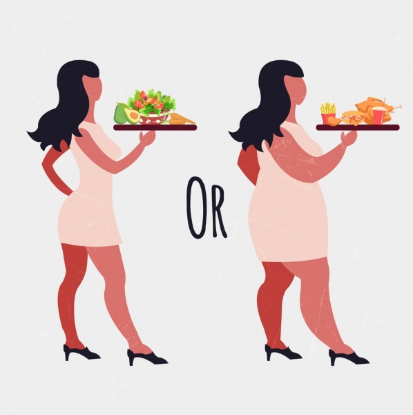 健康的なライフ スタイルのバナー女性食品アイコン デザインは対照的