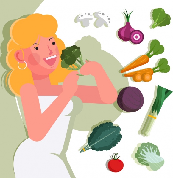 estilo de vida saudável banner jovem mulher vegetais ícones decoração