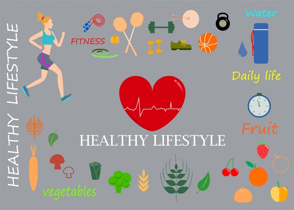elementos de diseño de estilo de vida saludable en estilo color plano