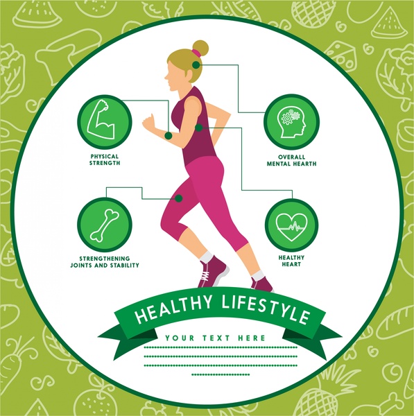 gesunde Lebensweise Infografik Frau ausüben grünen Vignette Hintergrund
