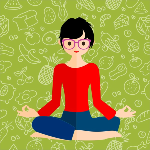 gesunde Lebensweise Thema weibliche Meditation auf Lebensmittel-Hintergrund