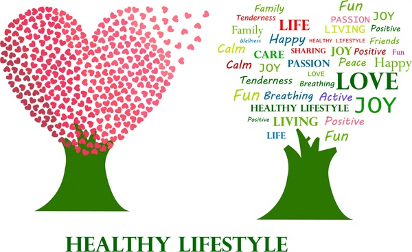 estilo de vida saudável tema corações e palavras árvores design