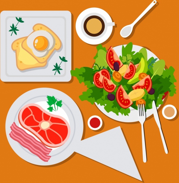 makanan sehat latar belakang sayuran telur bacon ikon