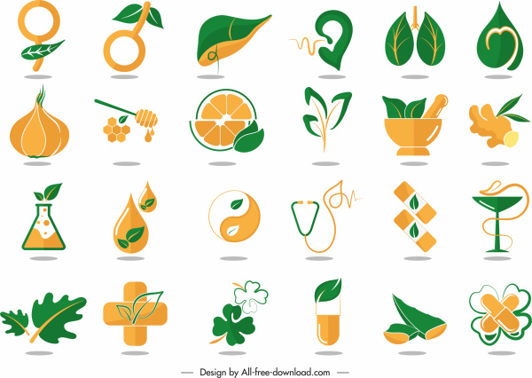 สุขภาพยา logotypes สีส้มสีเขียวตกแต่งในสไตล์คลาสสิก