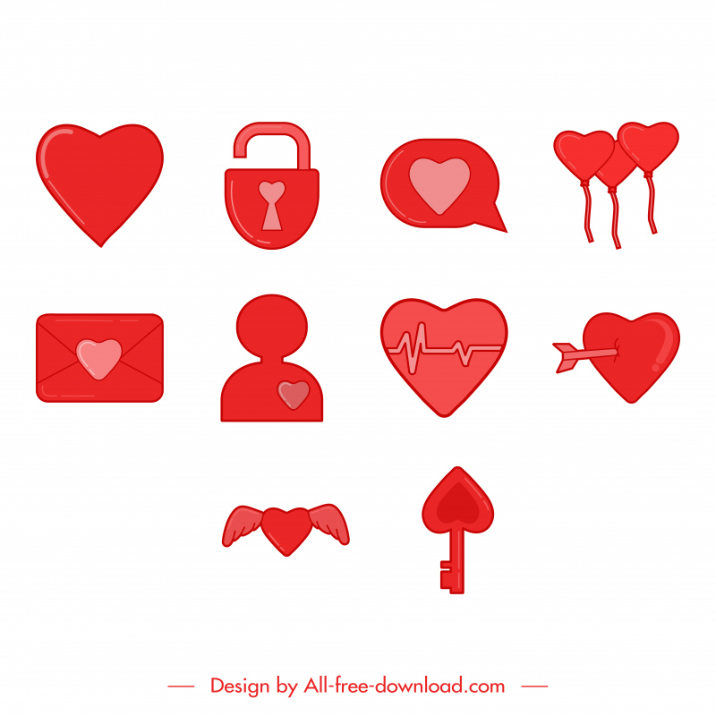 coração ícone define coleção símbolos vermelhos esboço plano