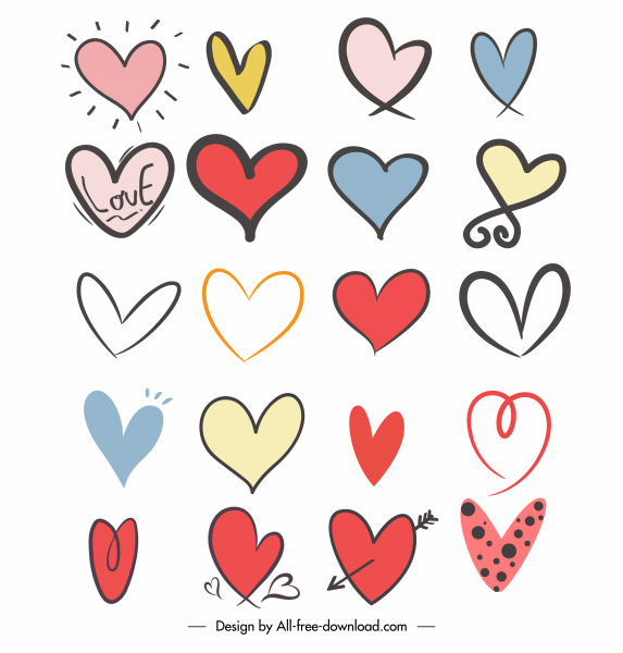 ícones do coração coleção colorido desenhado à mão esboço plano