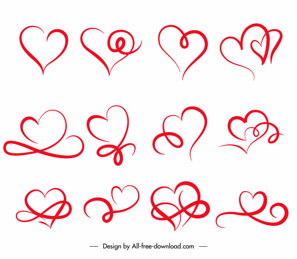 ícones do coração coleção curvas desenhadas à mão esboço