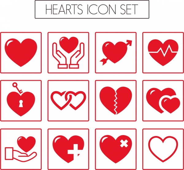 Colección de iconos de diferentes tipos de plana corazón rojo de aislamiento