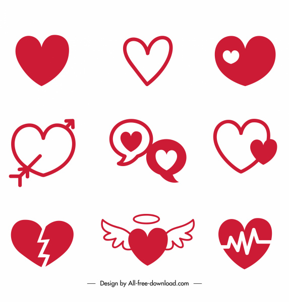 ícones do coração flat vermelho branco esboço desenhado à mão
