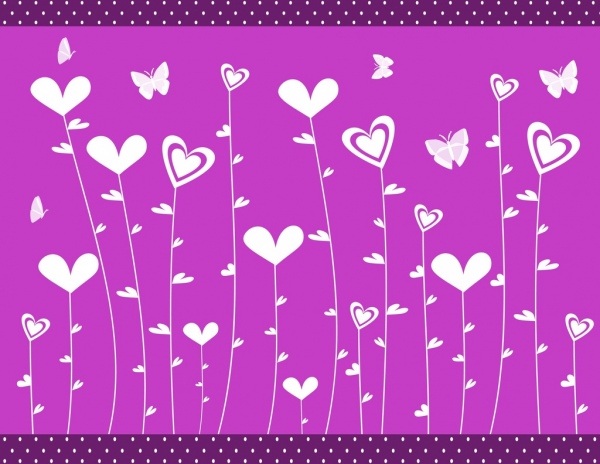 Corazones flores fondo violeta diseño plano mariposas los iconos