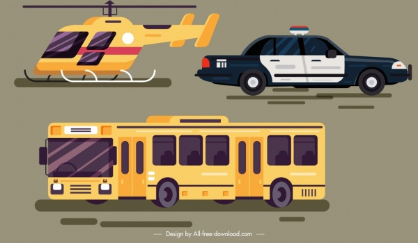 iconos de vehículos coche autobús moderno dibujo de color en helicóptero