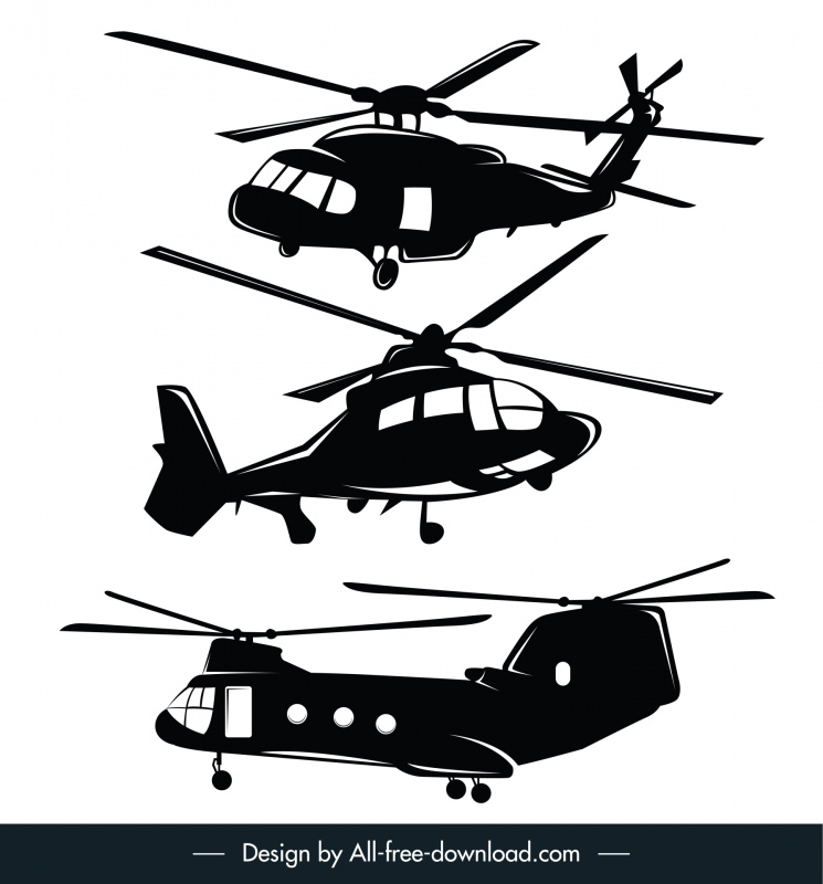 Ikon helikopter menetapkan garis besar siluet dinamis
