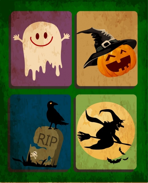 Helloween elementos de diseño fantasma pumpking tumba mago iconos