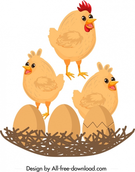 鶏の巣絵画かわいい雛の卵のアイコンの装飾