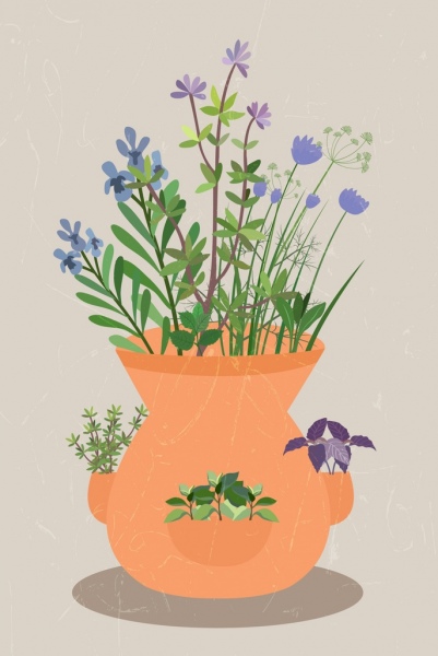 herbal bunga latar belakang panci ikon berwarna-warni desain