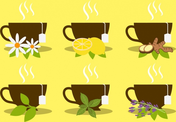 Herbal Tea publicidad tazas frutas Flores Hoja iconos