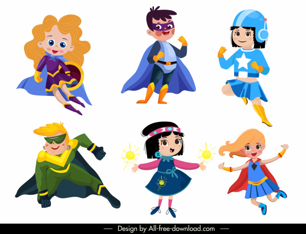héroe niños iconos lindos personajes de dibujos animados sketch