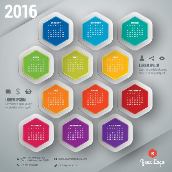 modèle de calendrier hexagone mois style16