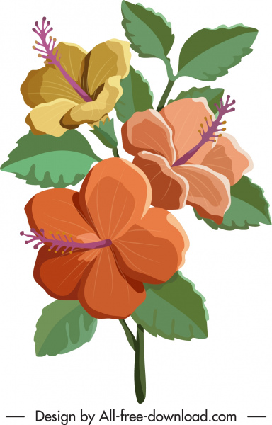 lukisan bunga kembang sepatu warna-warni klasik desain mekar sketsa