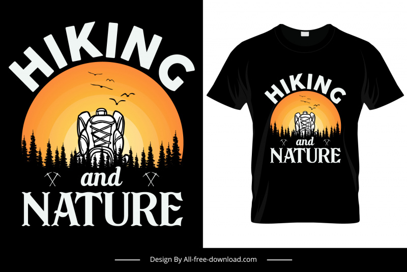 plantilla de camiseta de senderismo y naturaleza contraste oscuro escena de bosque boceto de mochila