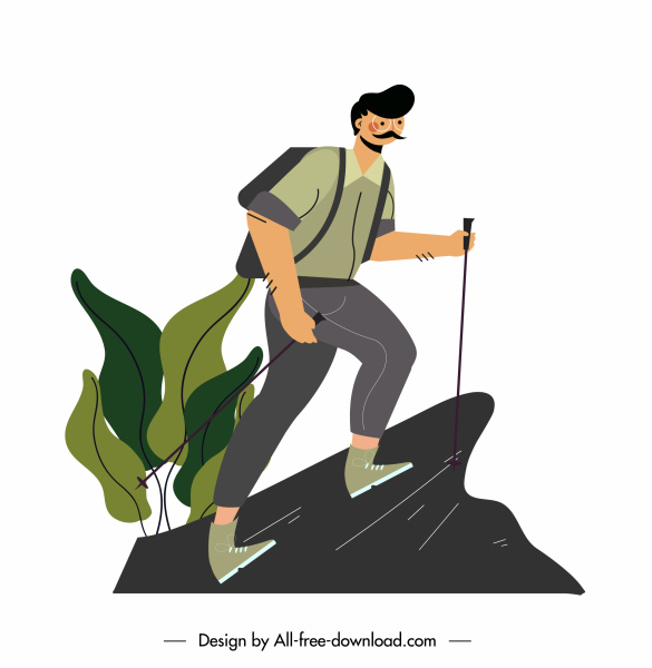 icono de senderismo hombre escalando boceto de montaña