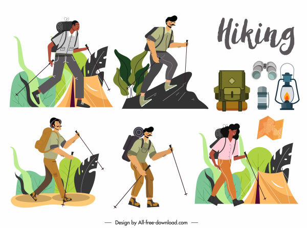 徒步旅行图标经典设计卡通人物素描