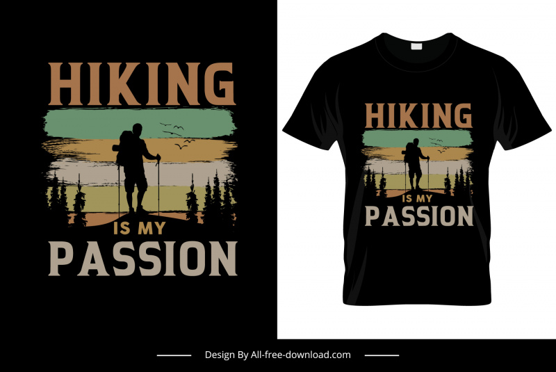하이킹은 내 열정 티셔츠 템플릿 다크 복고풍 실루엣 등산객 숲 장면 스케치입니다.