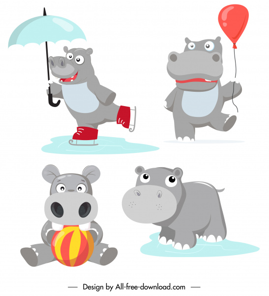 ícones de personagens de hipopótamo engraçado esboço estilizado