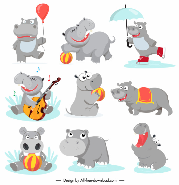 iconos de hipopótamos lindos personajes de dibujos animados estilizados bocetos