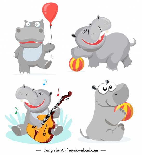 iconos de hipopótamos lindo boceto de dibujos animados estilizados actividades alegres