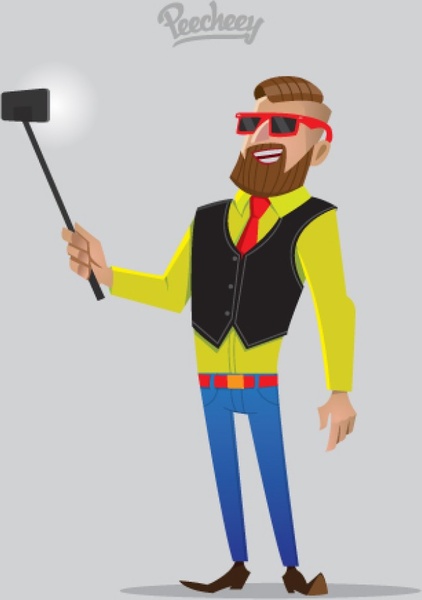 pria hipster dengan tongkat selfie