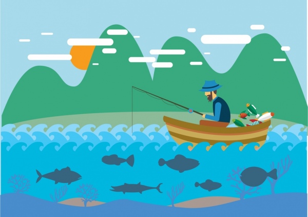 hobby koncepcji projektu człowiek na łodzi rybackich rysunek