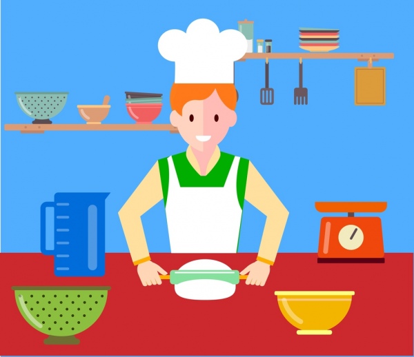 hobby concetto modello uomo cucinando utensili da cucina decorazione