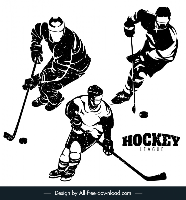 jugadores de hockey elementos de diseño siluetas dinámicas retro boceto