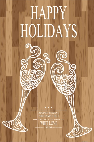 holiday banner bicchieri di vino icone sullo sfondo di legno