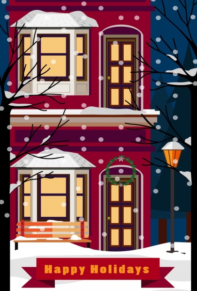Holiday poster musim dingin jatuh salju rumah ikon latar belakang