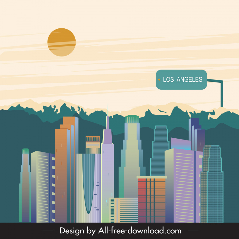 Hollywood Los Angeles latar belakang template sketsa gedung pencakar langit datar berwarna-warni