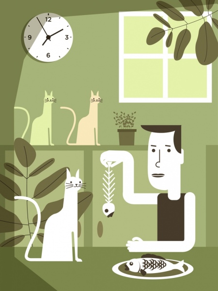 家庭圖畫人食物貓圖示古典設計