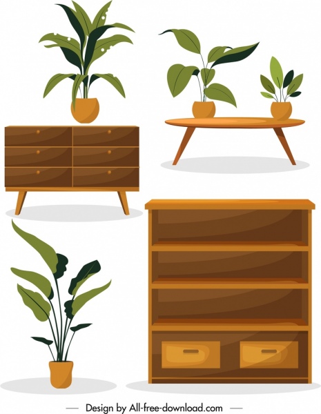 muebles para el hogar elementos estante mesa macetas iconos