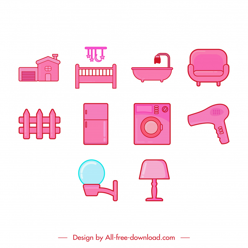 ícones de móveis para casa definir design plano rosa
