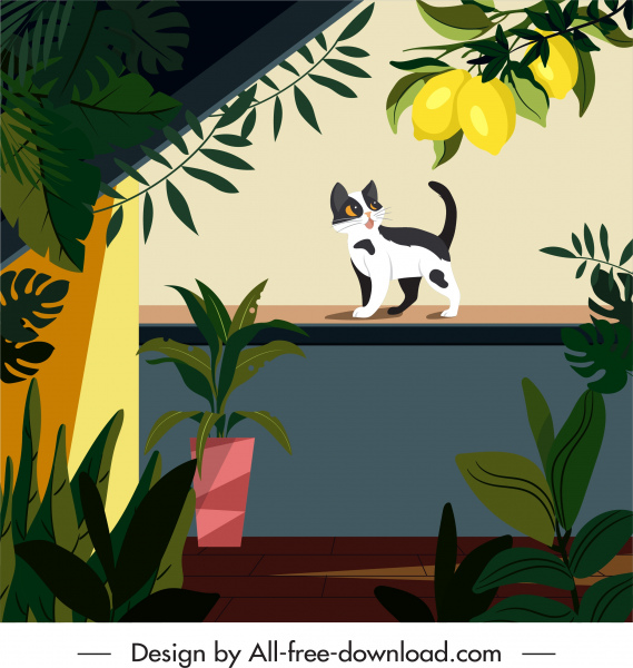 홈 페인팅 고양이 정원 발코니 스케치 다채로운 고전