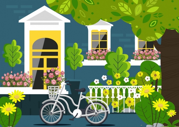 pintura em casa exterior jardim bicicleta ícones decoração colorida