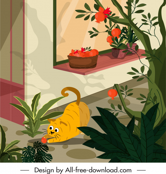 家のペットの絵画遊び心のある猫の観葉植物のスケッチ