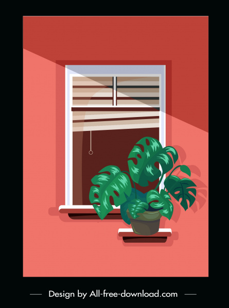 Haus Fenster Malerei Pflanze Topf Dekor flach klassisch