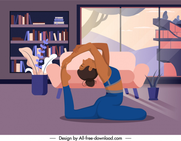 latar belakang yoga rumah melatih karakter kartun sketsa wanita