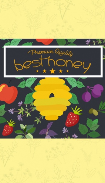 Honig-Werbung bunter Bienenstock Früchte Blätter Dekoration