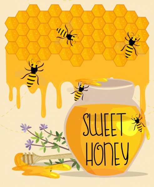 anúncio de mel abelhas listradas jarra vara decoração colmeia