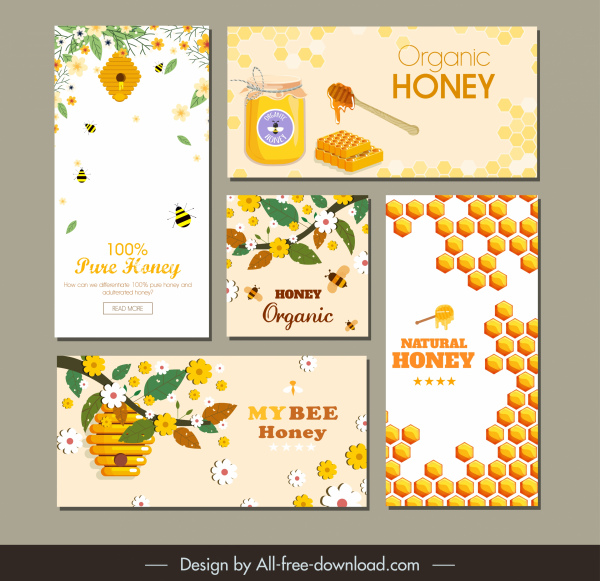 pancartas de publicidad de miel coloridas floras abejas peines decoración